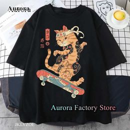 Men's T-Shirts New Men Summer Skateboard Sushi Cat T-Shirt Casual Short Sleeve Cotton Clothing Women Fashion Tops Tees Male Harajuku Streetwear