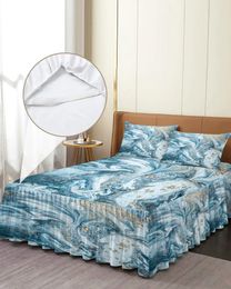 Bed Skirt Marble Blue And Gold Abstract Elastic Fitted Bedspread With Pillowcases Mattress Cover Bedding Set Sheet