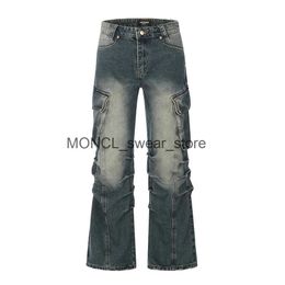 Men's Jeans Streetwear Side Pockets Pleated Washed Blue Jeans Unisex Straight Baggy Y2k Denim Pants Ropa Hombre Casual Cargo Pants OversizedH24131