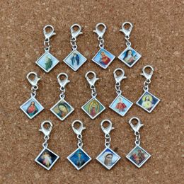100pcs lots Mixed Enamel square Jesus Christ Icon Religious Charms Bead with Lobster clasp Fit Charm Bracelet DIY Jewelry 13 2x30m242G