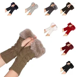 Cycling Gloves Women Fingerless Thumb Hole Warm Knitted Lightweight Elastic Knit Mittens With Faux Fur
