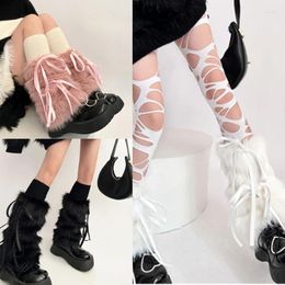 Women Socks JK Girls Boot Cuffs Winter Warm Harajuku Gothic Punk Sweet Ribbon Bowknot Furry Plush Cover