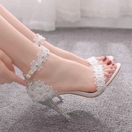 Dress Shoes Crystal Queen Women Lace Wedding Shoes Thin High Heels White Bridal Open Toe Sandals Summer Strap Ankle Sexy Party Dress