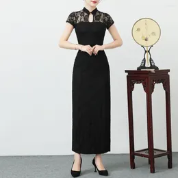 Ethnic Clothing Women Classic Chinese Dress Style Vintage Hollow Out Lace Patchwork Short Sleeve Side Split Maxi Qipao Cheongsam