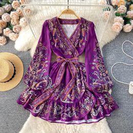 Casual Dresses Dress For Women V Neck Lantern Sleeve Printing Lace-up Bodycon Flounced Edge A-line Vintage Vestidos Spring Drop
