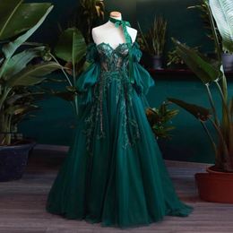 Casual Dresses Emerald Green Prom Gown Sequin Abiye Gece Elbises Beaded Gowns Tulle Long Sleeve Princess Poshoot Robe De Soiree