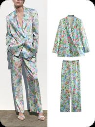 Conjuntos de calças ternos florais para mulheres blazer casacos manga longa impresso feminino 2 peça terno cintura elástica calças primavera conjunto 240127