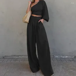 Women's Two Piece Pants Casual Loose Holiday Outfit Sexy Diagonal Collar Crop Top And High Waist Long Suit 2024 Women Fashion Street 2 Sets