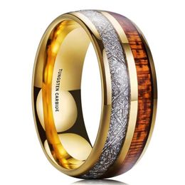 Wedding Rings Trendy 8mm Men's Golden Stainless Steel Ring Hawaiian Koa Wood And Meteorites Inlaid Dome Engagement BandWeddin280b