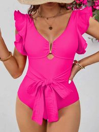 Women's Swimwear 2023 New sexy pleated earth V-neck integrated shoulder strap weight loss swimsuit womens swimsuit deep V swimsuit beach suit Monokini J240131