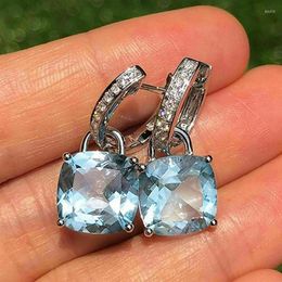 Dangle Earrings Women Cushion Cut Blue Cubic Zirconia Pendant Simple Stylish Girls Statement Jewelry