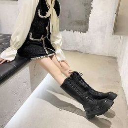 Boots Women Motorcycle Boots Wedges Flat Shoes Woman High Heel Platform PU Leather Boots Lace Up Women Shoes Black Boots Girls2021