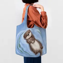 Shopping Bags Fashion Printed Otter Mom And Baby Snuggles Tote Reusable Canvas Shoulder Shopper Pography Handbag