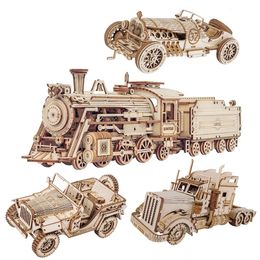 Train Model 3D Wooden Puzzle Toy Assembly Locomotive Model Building Kits for Children Kids Birthday Gift Wooden Building Toys 240122