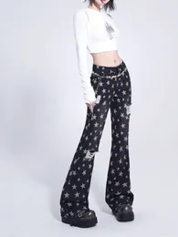 Women's Jeans Black Bootcut American Style Babes Slim Fit Full Of Printed Stars Ripped Pants Summer Street Fashion