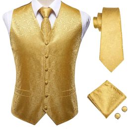 HiTie Luxury Gold Mens Vest Silk Tie Hanky Cufflinks Set Jacquard Floral Paisley Waistcoat Sleeveless Jacket for Male Wedding 240127