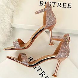 BIGTREE Shoes Rhinestone High Heels Women Pumps Sexy Kitten Party Open Toe Sandals Heel Stiletto Wedding 240123