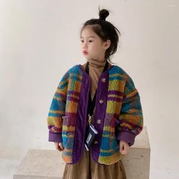 Down Coat Winter Girls Fashion Colorful Plaid Fleece Thick Jackets Children Warm Berber Single-breasted Coats Outwears