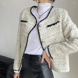 Women's Jackets Women White Tweed Jacket French Elegant Luxury High Quality Celebrity Exquisite Round Neck Single Breasted Short Top Coat