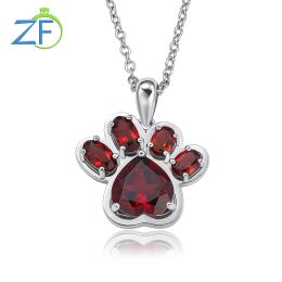 Necklaces GZ ZONGFA Original 925 Sterling Silver Paw Pendant for Women Natural Garnet 3ct Gems Animal Footprints Necklace Fine Jewelry