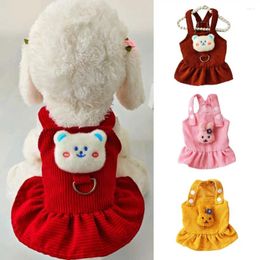 Dog Apparel Lovely Corduroy Princess Skirt For Small Dogs Cat Autumn Winter Sling Dress Cartoon Bear Pet Clothes With Traction Ring
