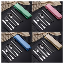 Stainless Steel Flatware Portable Cutlery For Outdoor Travel Picnic Dinnerware Set Metal Straw With Box And Bag Kitchen Utensil FMT2155