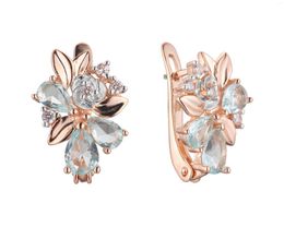 Dangle Earrings Carved Metal Flower Light Blue Natural Zircon Women Luxury 585 Rose Gold 2 Colors Party Unusual