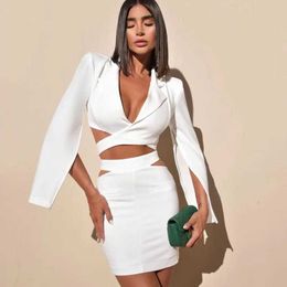 Basic Casual Dresses Designer 2-piece Womens Set Evening Dress Sexy V-neck Open Sleeve Casual White Jacket+Short Skirt Ball Dress J240130