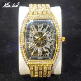 Other Watches Unique Tonneau Watch Men Luxury Gold Plated Full Diamond Quartz Wristwatch Hip Hop Bling Iced Out Black Dial Male Clock Hot Sale J240131