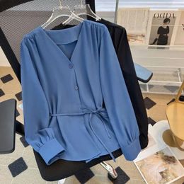 Women's Blouses Solid Color Drape Tops Ladies Korean Casual Temperament Clothing Office Lady Intellectual Elegant 2024