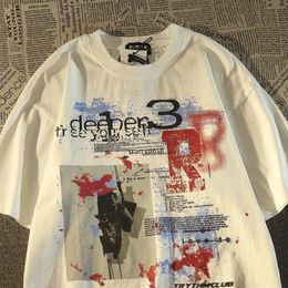 Cotton Retro Gothic Graffiti Print T shirt Top Summer Trend Harajuku Personality Street Y2K Hip Hop Couple Short Sleeve Top 240129
