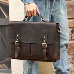 Briefcases A4 Vintage Brown Genuine Crazy Horse Leather Executive Men Briefcase Messenger Bag Business Travel 15.6'' Laptop Portfolio M6596