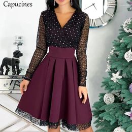 Casual Dresses Capucines Ladies Sexy V Neck Sheer Sequin Mesh Patchwork Dress Women Long Sleeve Belted Slim A Line Spring Autumn Mini