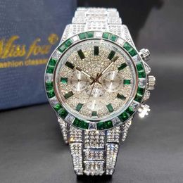 Other Watches Mens Green All Ice Diamond Luxury Style Hip Hop Watch Timing Code Watch Battery Direct Delivery J240131