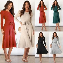 Women's Sleepwear Autumn And Winter Bubble Long Sleeved Knitted Skirt Medium Length Style Slim Appearance High Waist Large Hem Dress Bott