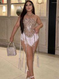 Casual Dresses Sliver Sequins Shining Diamonds Long Tassel Sleeveless Mini Dress Evening Woman Birthday Party Outfit