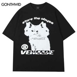 Men's T-Shirts Summer Men Cotton T-Shirt Fashion Tops Tees Male Casual Clothing Short Sleeve Streetwear Cats Stare The Abyss Graphic T-shirt