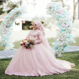 Abito da sposa islamico musulmano rosa di lusso 2024 Collo alto a maniche lunghe in pizzo Abiti da ballo Abito da sposa Tulle Pizzo Abiti da sposa country Abiti Noivas Robe De Mariee Chic