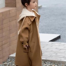 Jackets 3-14 Years Girls Woolen With Hooded Kids Fall Button Long Jacket Coat For Teenager Toddler Girl Autumn Outwear 10