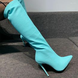 Boots Rontic 2024 Handmade Women Spring Knee High Back Zipper Stiletto Heels Pointed Toe Light Blue Night Club Shoes Size 35-45