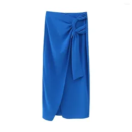 Skirts Knotted Sarong Skirt For Woman Fashion High Waist Ruched Midi Female Blue Side Bow Wrap Long 2024 Autumn