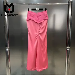 Skirts LUXE&ENVY 2024 Summer Denim Patchwork Acetate Fabric Knee-length Solid Colour High Waist All-match Women