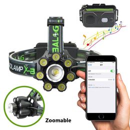 Smart Led Headlamp Bluetooth Speaker XM-L T6 Headlight 8000 Lumen Zoom USB Reachargeable 18650 Battery Head Flashlight Lamp282s