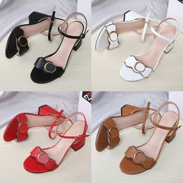 Designer Sandals For Women Luxury Mid Heel Leather Slides Sandal Womens High Heels Black White Red Brown Apricot Silver Pumps Ladies Wedding Shoes Size 35-40 With Box