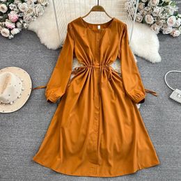 Casual Dresses Korean Fashion Robe Women's Long Puff Sleeve Dress For Girls A Line Mid-length Lace-up Vestidos Drop