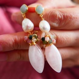 KQDANCE Fresh Water Pearl Rose Quartz Jade Natural Stone Long Drop Earrings 925 Sterling silver Needle Women Gold Plated Jewellery 240220