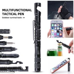 Portable Tactical Pen Defence Multifunctional Touch Screen Mobile Phone Stand Outdoor Steel Glass Breaker Survival Tool 240220