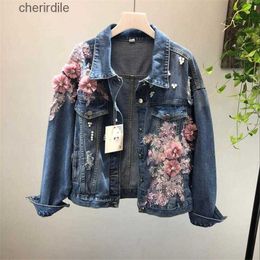 Women's Jackets Jackets Spring Autumn Jeans Coat Woman Heavy Stereo Pink Flower Embroidered Hole Denim Women Basic Coats R700 240301