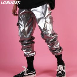 Pants Men Silver Leather Harem Pants Tide Male Singer Dancer Stage Costume Rock HIP HOP Dance Performance Trousers Loose Long Pants