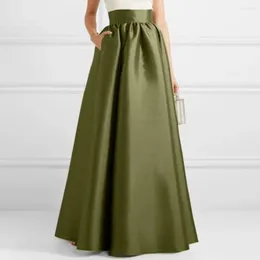 329 Skirts Long Robe Skirt Elegant Vintage Satin Maxi with High Waist Pockets for Women A-line Floor Length Sol